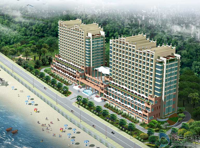 海景星辰商务酒店位于烟台开发区金沙滩旅游度假区内,位于海滨路和东巡宫路的交汇处,秦始皇东巡宫对面。海景星辰商务酒店规划建设为两栋连体型高品质商务酒店,分别为15层和12层。方案设计:外部造型上从整个开发区海边的大环境着眼,尊重环境并改善和提升环境。将一高容积的体量分解成两栋较低容积的体量,降低海岸视觉高度,丰富了海岸天际线。正立面低层部分层层后退,减弱了高层建筑对道路的压迫感。白色的波浪造型结合屋顶高低不同的古典风格的墙体,形成了海浪般的天际线。二层室外的公共部分丰富了使用者的空间体验。
