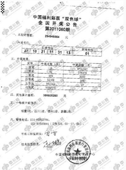 双色球第060期开奖:头奖4注873万 奖池3.86亿