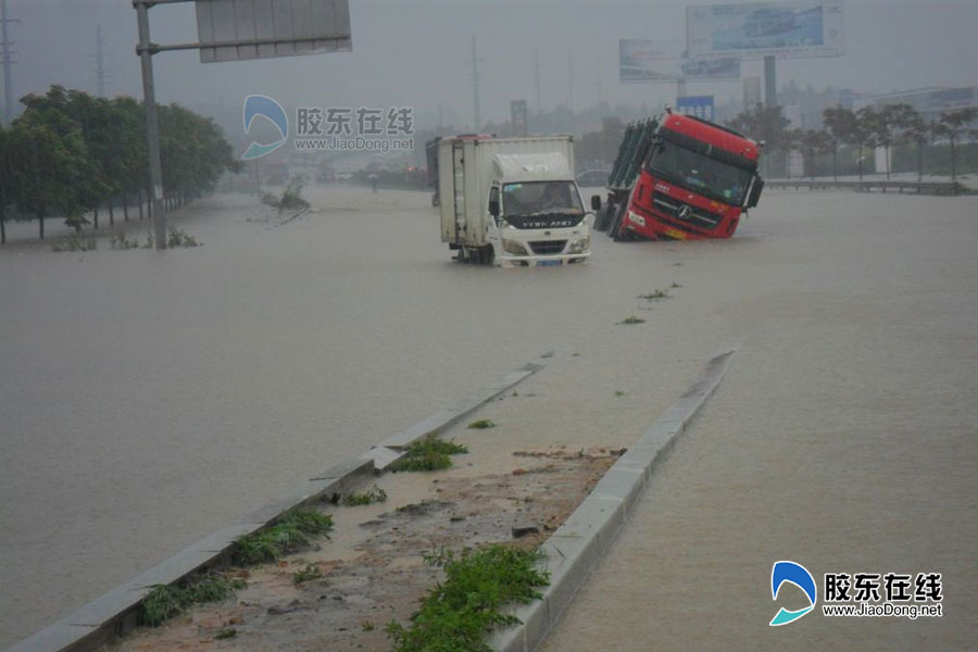 网友实拍暴雨来袭水淹莱州调侃驾驶员必须