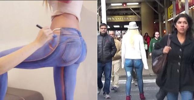 美国女模身上彩绘牛仔裤 半裸逛街无人关注(图)