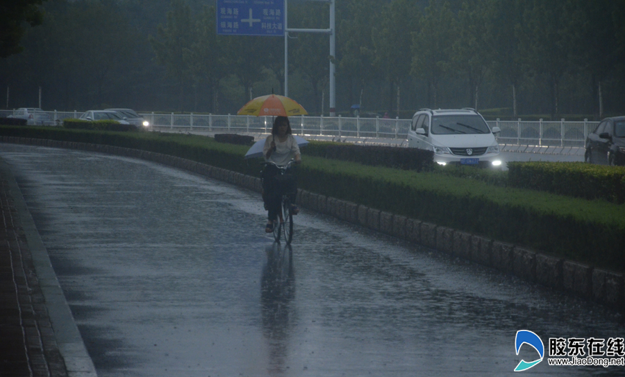 高清:烟台市民下班路上迎大雨送爽 激动玩淋雨