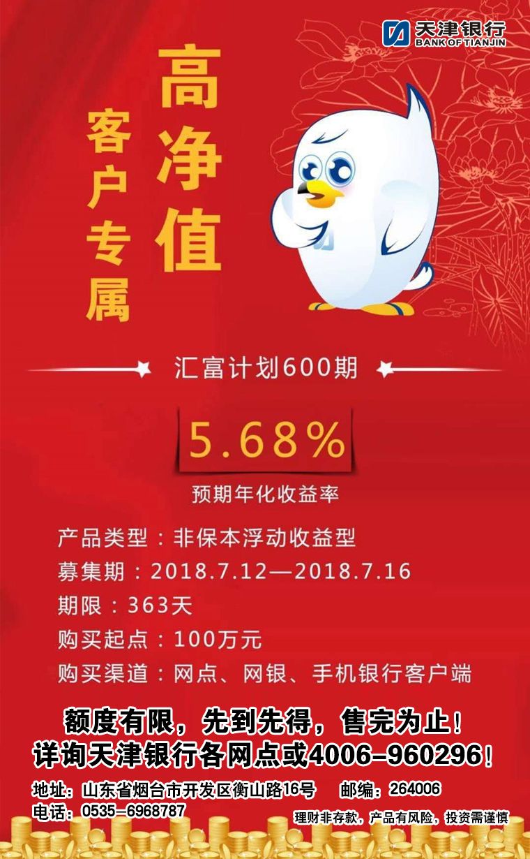 天津银行7月12日起发售理财产品信息