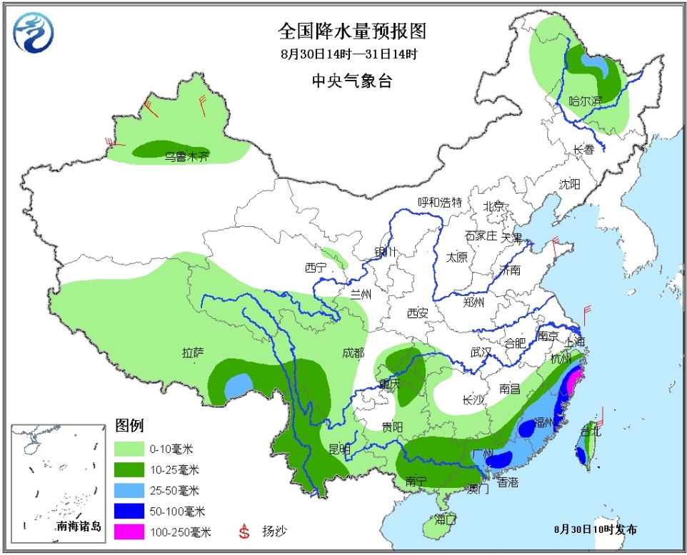 08月30日:未来三天全国天气预报