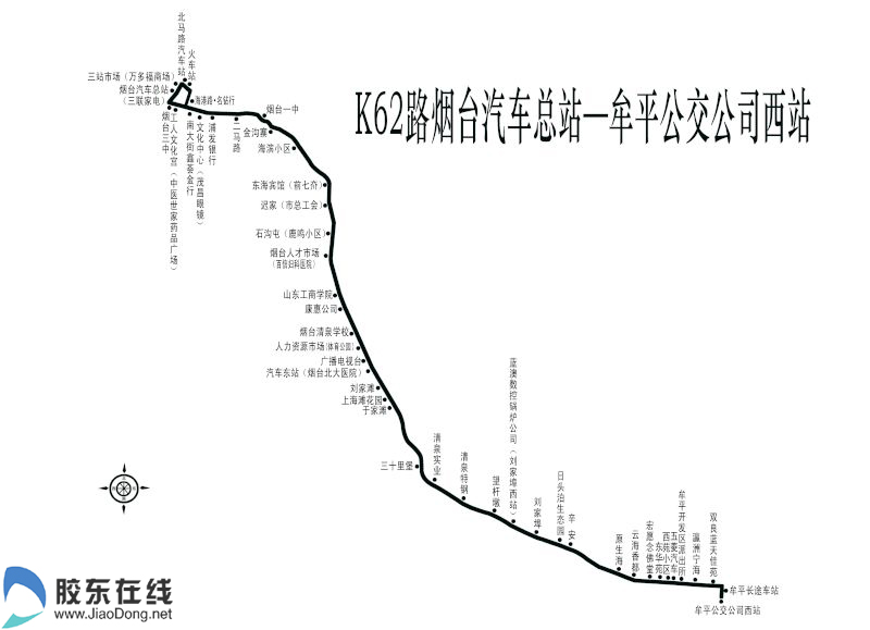 烟台市交通运输局运管处发布消息,自9月3日起,k62路公交车的线路走向